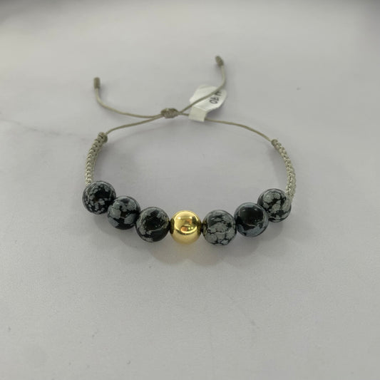 Pulsera Bola Lisa 8Mm Piedra Negra Y Gris 0.33Gr Oro Amarillo L720 18K